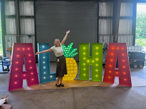 Colorful ALOHA Sign Large Marquee Letters 4ft 5ft Tall | Large ALOHA Sign | Giant Light Up Pineapple | Large Marquee Letters with Lights | Hawaiian Decorations